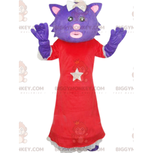 BIGGYMONKEY™ Maskottchenkostüm lila Katze mit rotem Kleid.