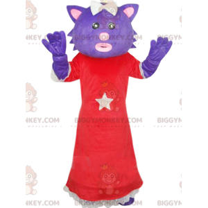 Fato de mascote BIGGYMONKEY™ de gato roxo com vestido vermelho.
