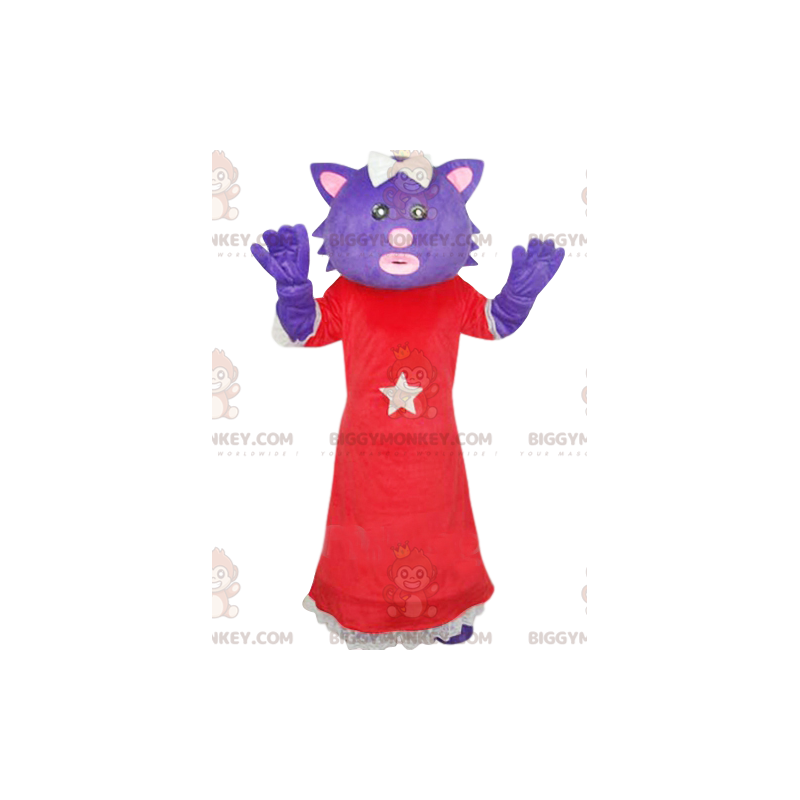 Fato de mascote BIGGYMONKEY™ de gato roxo com vestido vermelho.