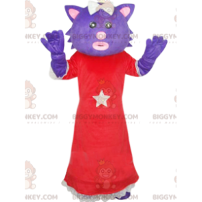 BIGGYMONKEY™ mascot costume of purple cat with red dress. pussy
