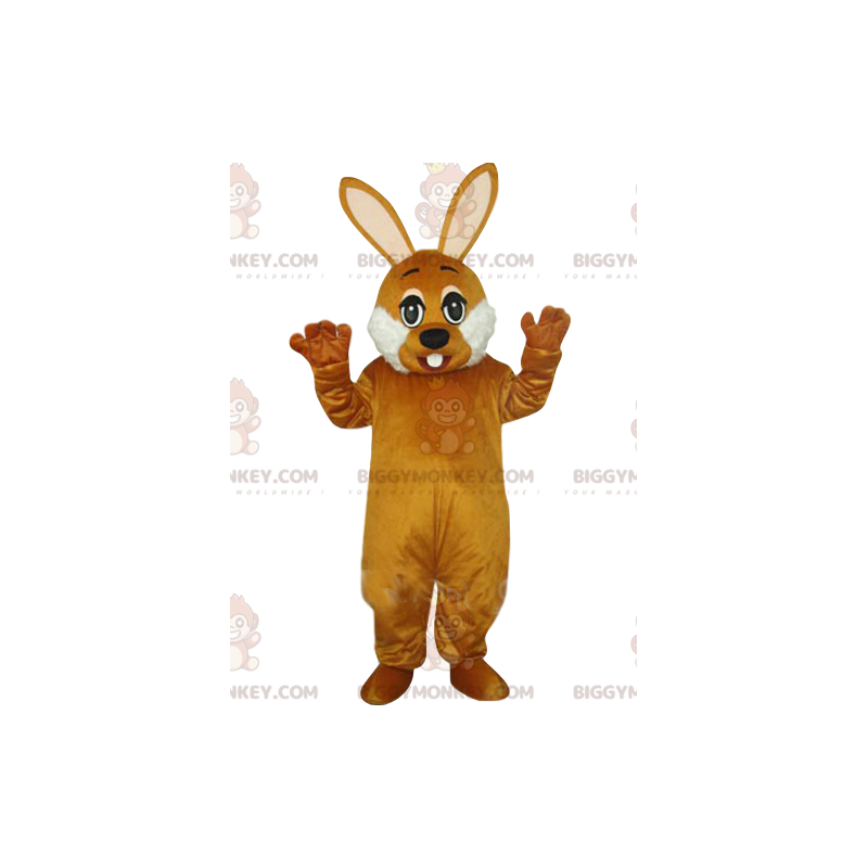 Mycket söt brun och vit kanin BIGGYMONKEY™ maskotdräkt. kanin