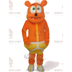 Grappige oranje beer BIGGYMONKEY™ mascottekostuum met geel pak