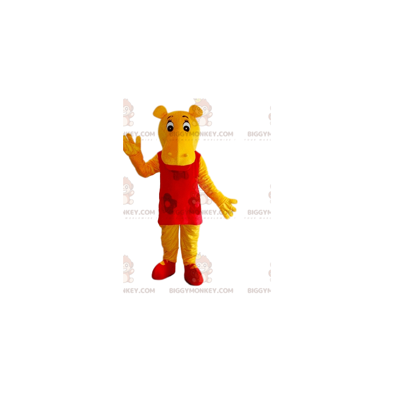 BIGGYMONKEY™ Mascottekostuum Geel nijlpaard met rode jurk -