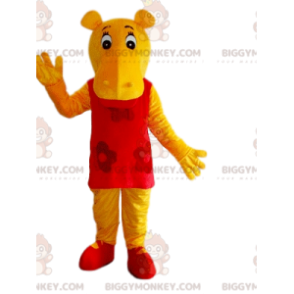 BIGGYMONKEY™ Mascot Costume Yellow Hippopotamus With Red Dress