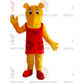 BIGGYMONKEY™ Mascottekostuum Geel nijlpaard met rode jurk -
