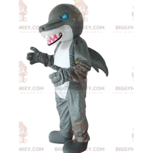 Traje de mascote BIGGYMONKEY™ de tubarão cinza e branco, com