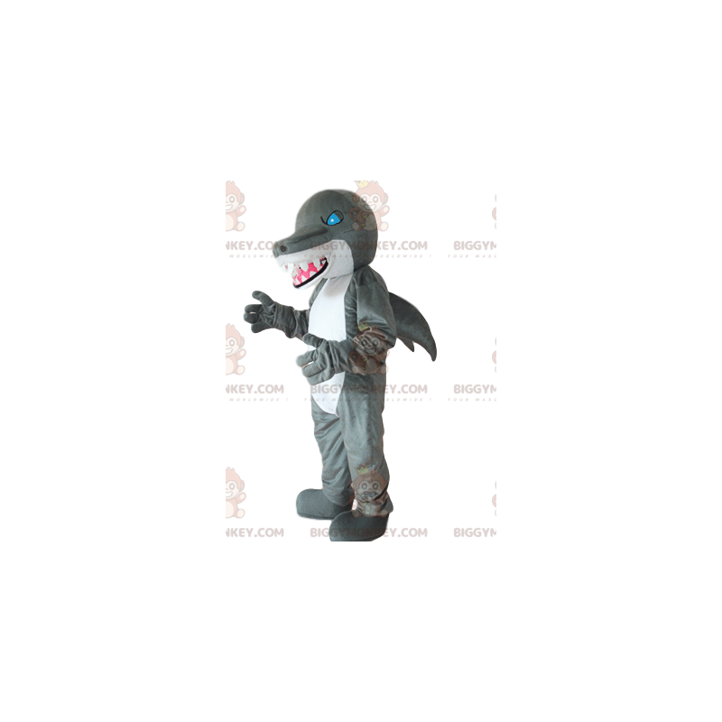 Disfraz de mascota BIGGYMONKEY™ de tiburón gris y blanco, con