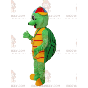 Green Turtle BIGGYMONKEY™ Mascot Costume With Multicolored Cap