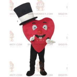 Leende rött hjärta BIGGYMONKEY™ maskotdräkt med svart hatt -