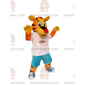 Funny tiger BIGGYMONKEY™ mascot costume, with blue jeans and