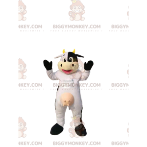 BIGGYMONKEY™ mascot costume of white and black cow, with yellow