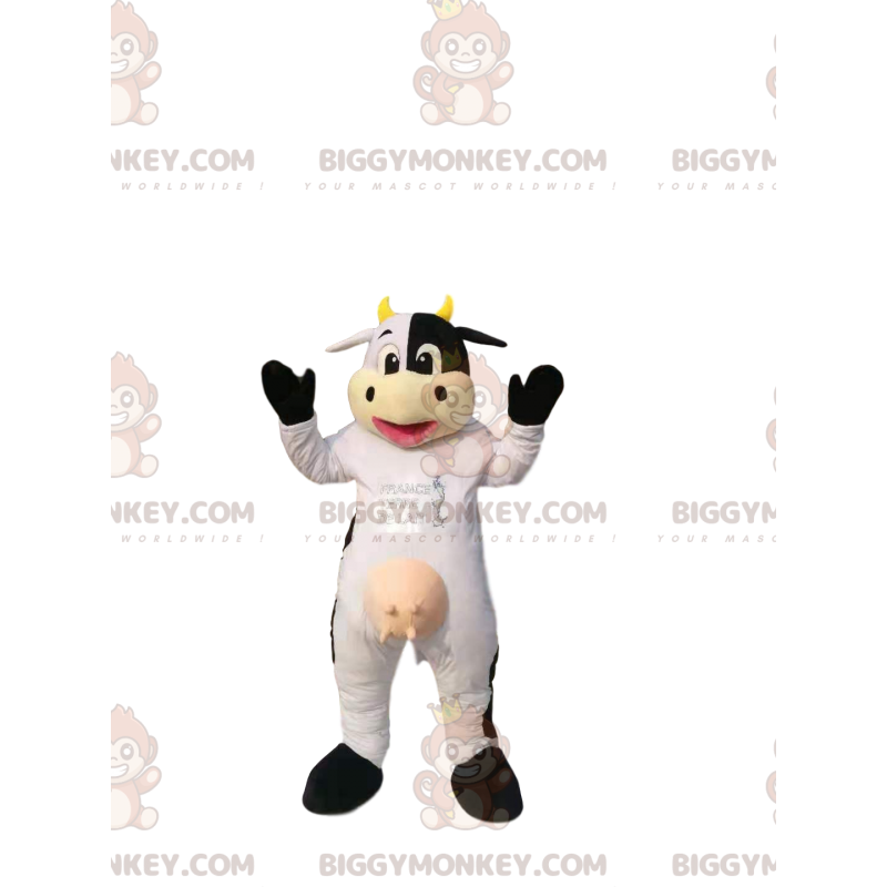 BIGGYMONKEY™ mascot costume of white and black cow, with yellow