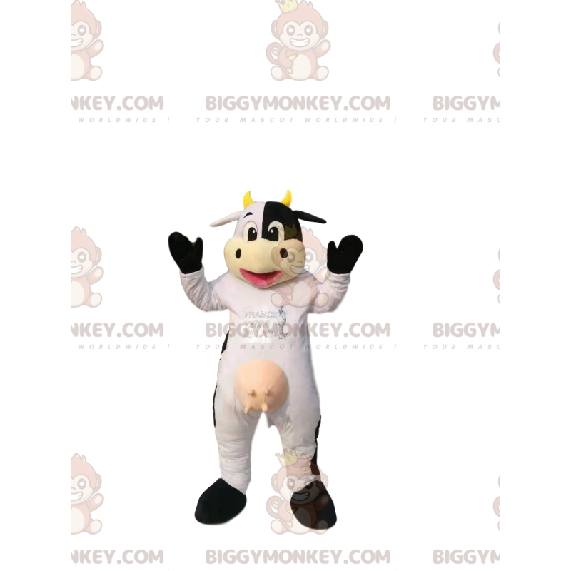 Kostium maskotki BIGGYMONKEY™ z biało-czarnej krowy, z żółtymi