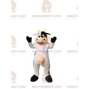 BIGGYMONKEY™ mascot costume of white and black cow, with yellow