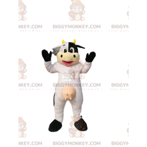 BIGGYMONKEY™ mascot costume of white and black cow, with yellow