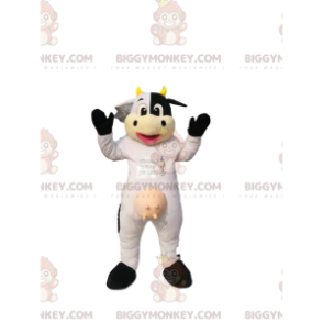 Traje de mascote BIGGYMONKEY™ de vaca branca e preta, com