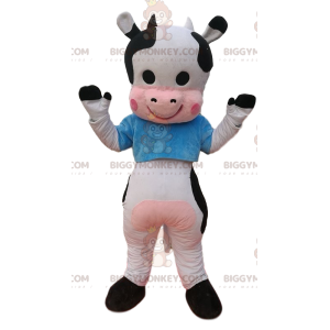 BIGGYMONKEY™ Mascot Costume Black and White Cow with Blue Shirt