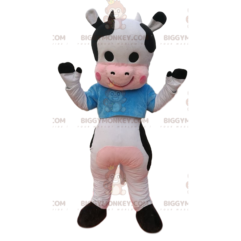 BIGGYMONKEY™ Mascot Costume Black and White Cow with Blue Shirt