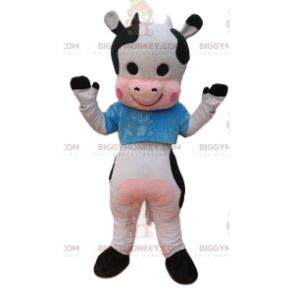 BIGGYMONKEY™ Mascot Costume Black and White Cow with Blue Shirt