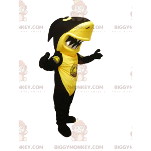 BIGGYMONKEY™ maskottiasu, musta ja keltainen hai valtavalla