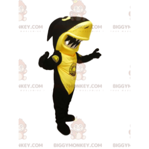 BIGGYMONKEY™ maskotkostume sort og gul haj med kæmpe kæbe -