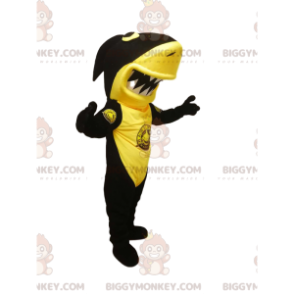 Traje de Mascote BIGGYMONKEY™ Tubarão Preto e Amarelo com