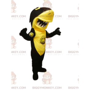 Traje de Mascote BIGGYMONKEY™ Tubarão Preto e Amarelo com