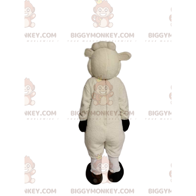 Costume de mascotte BIGGYMONKEY™ de mouton blanc très souriant.