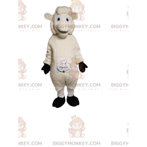 Disfraz de mascota BIGGYMONKEY™ de oveja blanca muy sonriente.