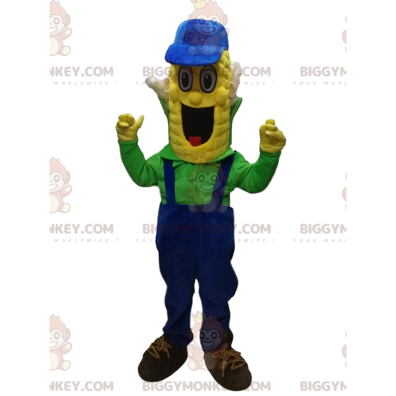 Fun corn BIGGYMONKEY™ mascot costume with blue overalls. corn