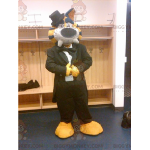 Μαύρο κοστούμι μασκότ BIGGYMONKEY™ Μαύρο κοστούμι με κίτρινο