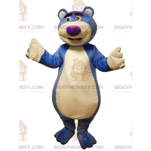 BIGGYMONKEY™ maskotdräkt av en blå björn med lila nosparti.