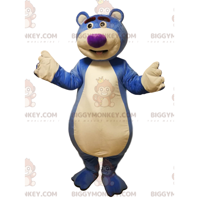 Στολή μασκότ BIGGYMONKEY™ μιας μπλε αρκούδας με μωβ ρύγχος.