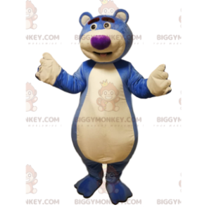 Fato de mascote BIGGYMONKEY™ de um urso azul com focinho roxo.