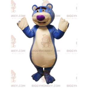 BIGGYMONKEY™ maskotdräkt av en blå björn med lila nosparti.