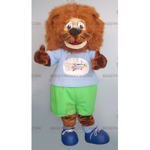 BIGGYMONKEY™ Mascot Costume of All Furry Brown Lion i grön och