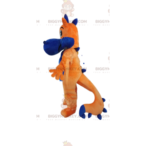 Bonito traje de mascote BIGGYMONKEY™ de dragão laranja e azul.