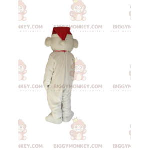 Jääkarhu BIGGYMONKEY™ maskottiasu, jossa punainen jouluhattu ja
