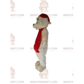 Polar bear BIGGYMONKEY™ mascot costume with red Christmas hat