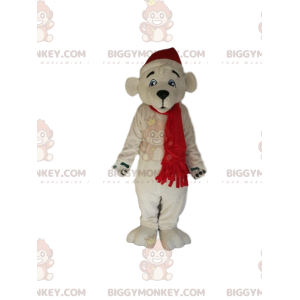 Polar bear BIGGYMONKEY™ mascot costume with red Christmas hat