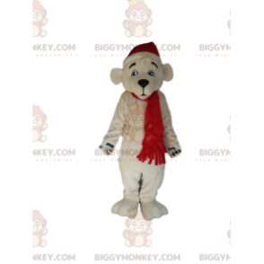 Polar bear BIGGYMONKEY™ mascot costume with red Christmas hat