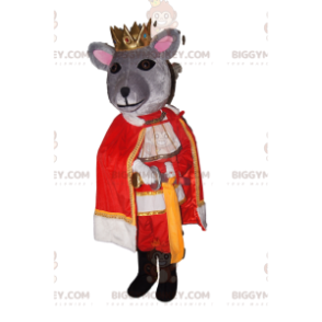 Traje de mascote BIGGYMONKEY™ Rato Cinza com Coroa Dourada e