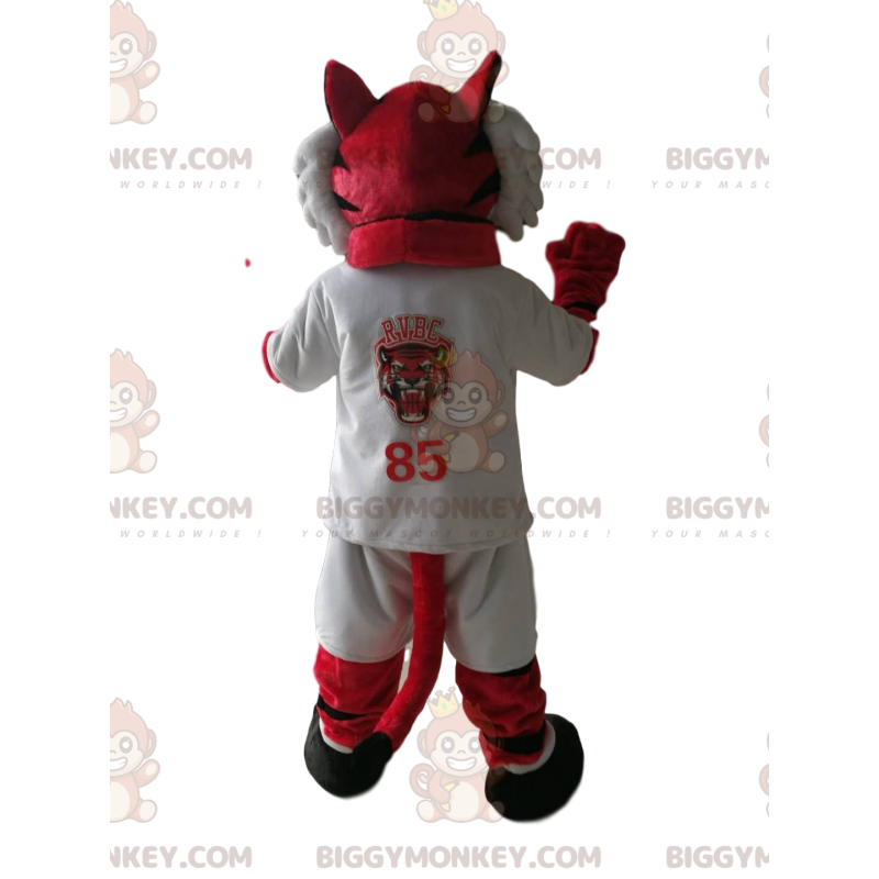 BIGGYMONKEY™ mascot costume of red tiger in white sportswear.