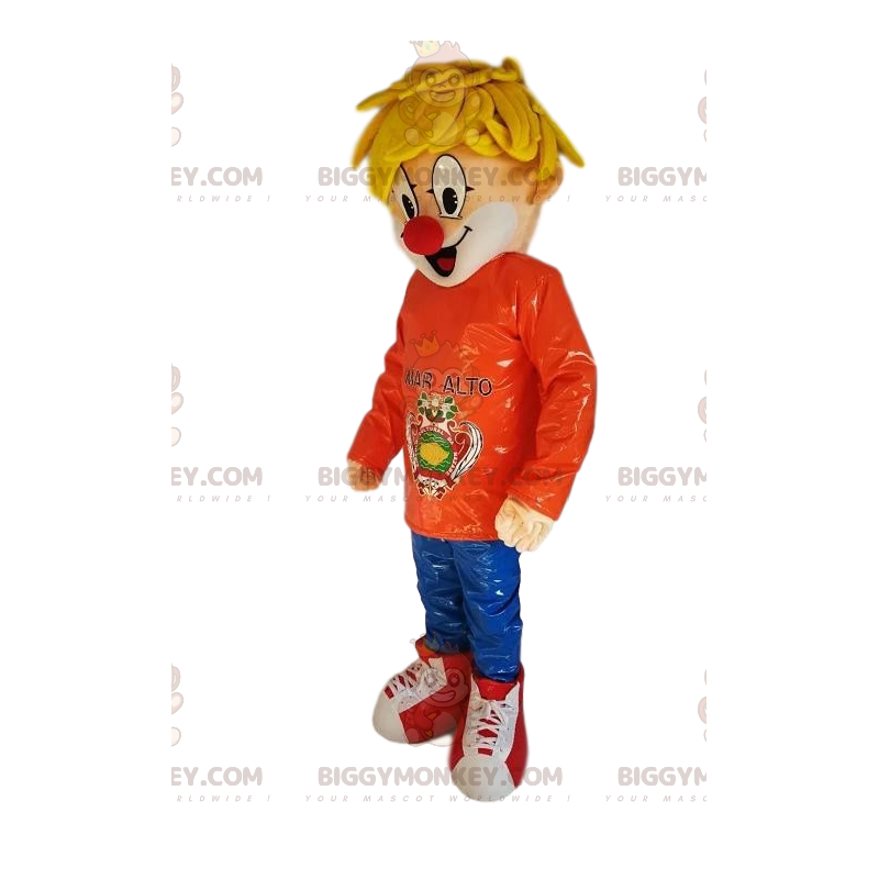 Blonde Jongen Clown Neus BIGGYMONKEY™ Mascotte Kostuum -