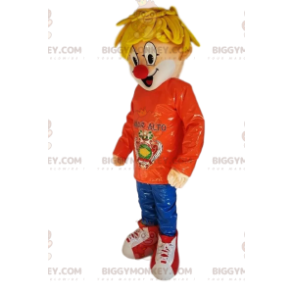 Traje de mascote BIGGYMONKEY™ nariz de palhaço loiro –