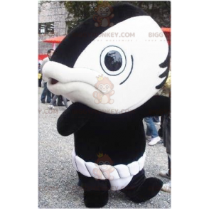 Traje de mascote de peixe gigante em preto e branco engraçado e