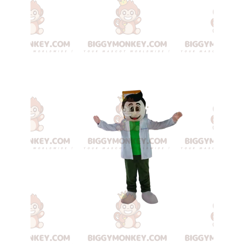 Brown Man BIGGYMONKEY™ Mascot Costume with White Coat and Green