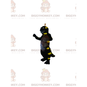 Traje de mascote BIGGYMONKEY™ de lagarto preto e amarelo neon.