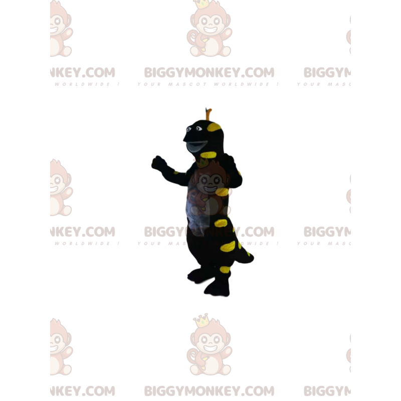 Traje de mascote BIGGYMONKEY™ de lagarto preto e amarelo neon.