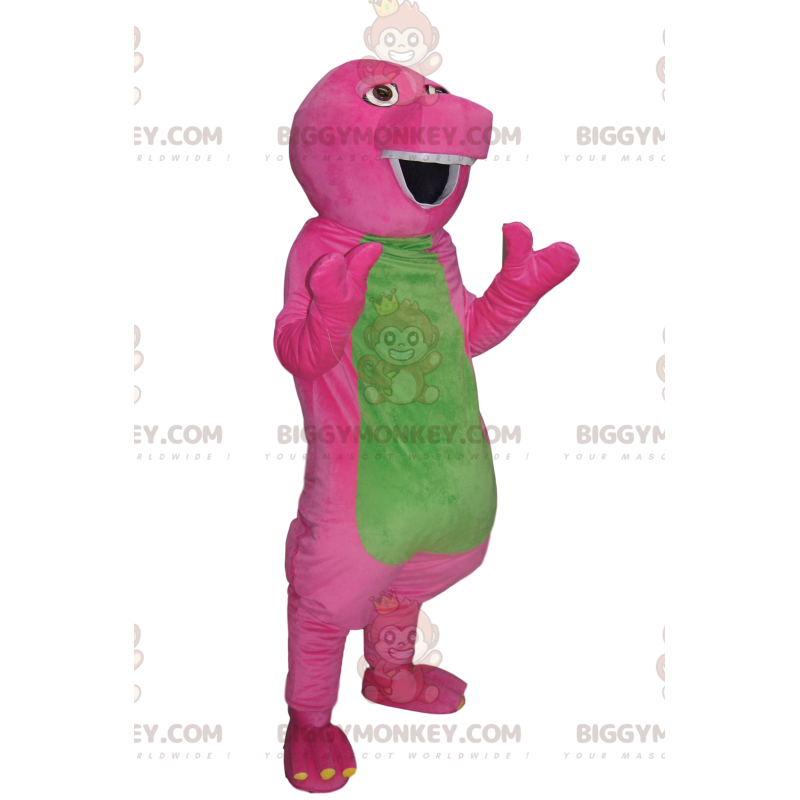 Costume da mascotte BIGGYMONKEY™ da dinosauro comico fucsia e